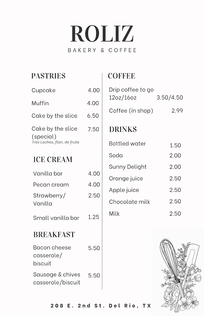 Printed ROLIZ menu with pastries, coffee, and drinks